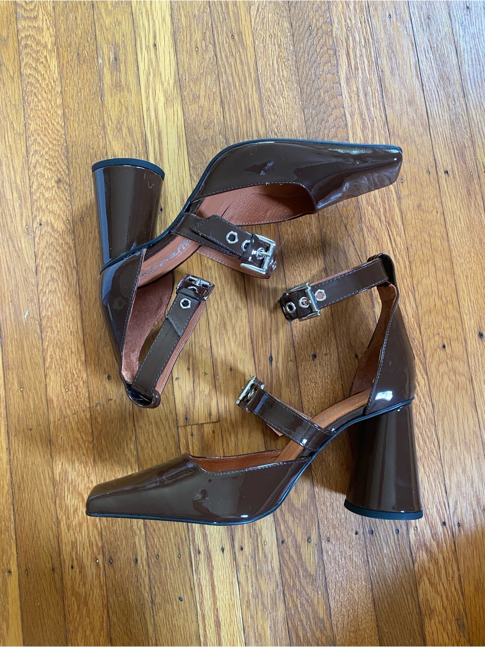L'INTERVALLE Brown Patent Triple-Strap Block Heel Pumps